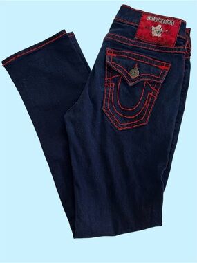 True Religion 33x31 Ricky Super T Flap Relaxed Straight Big Stitch Navy Jeans